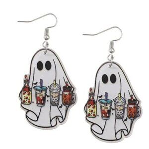 Spooky Ghost Earrings with Tea Drinks Halloween Cute Kawaii Dangle Jewelry